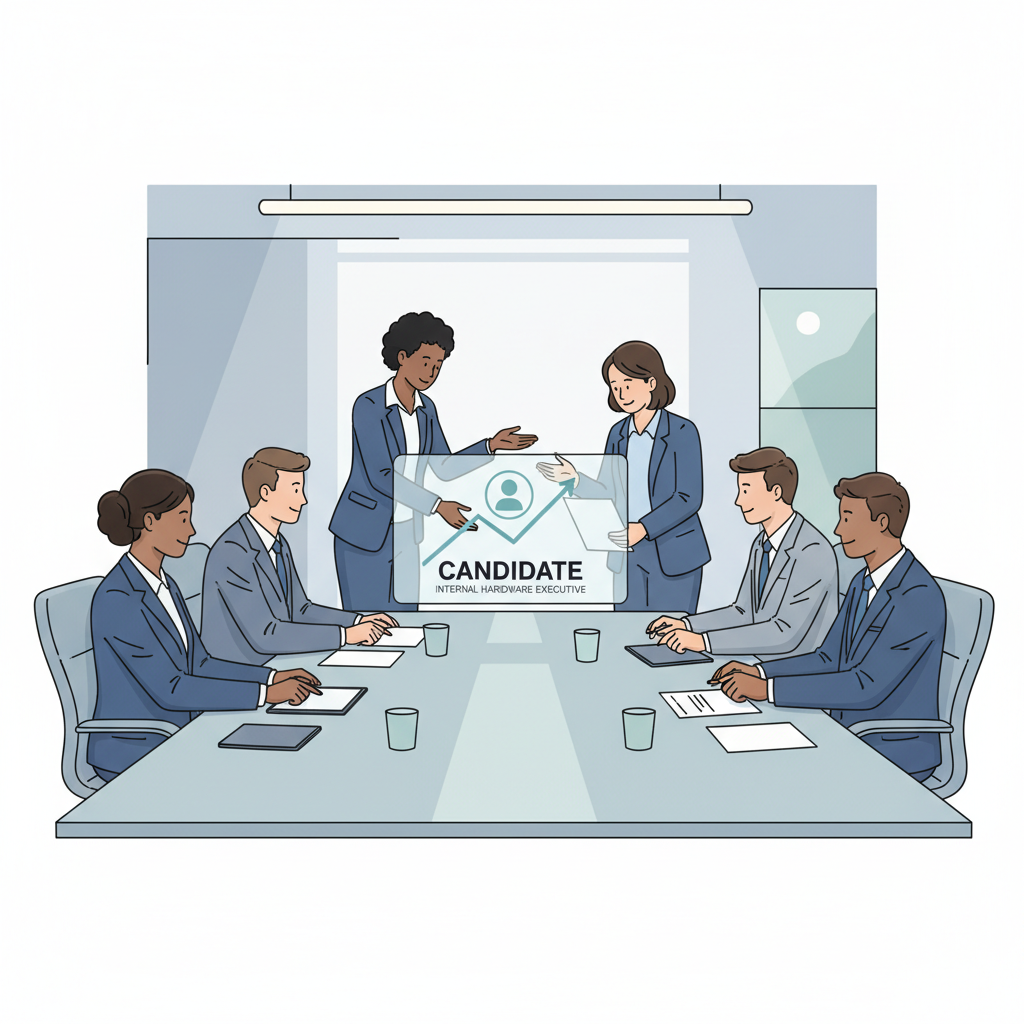 An illustration of a corporate board in a meeting, reviewing a succession plan document with a candidate's profile.