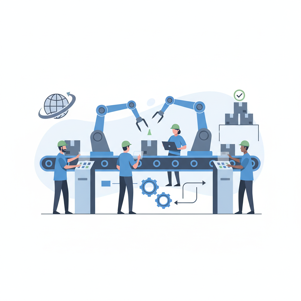 An illustration of a highly efficient product assembly line with workers and automation.