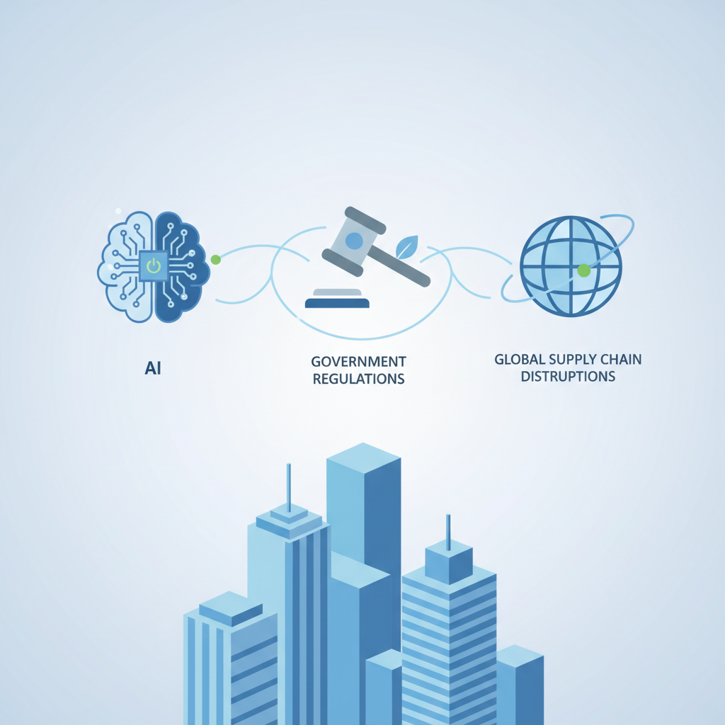 An illustration depicting three symbols: a circuit board for AI, a gavel for regulations, and a globe for supply chain, against a city background.