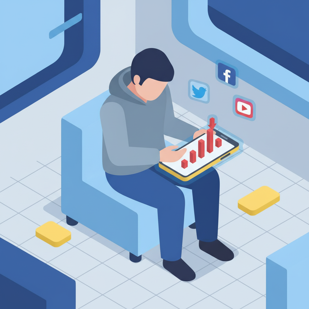 An illustration of a person calmly reviewing documents while a chaotic market chart is visible in the background.