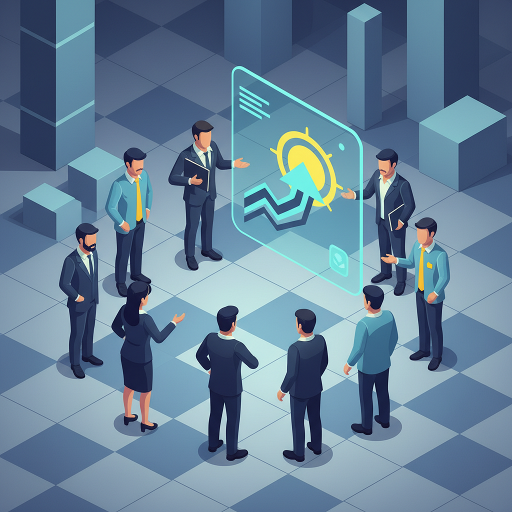 An illustration of a group of people confidently looking at an upward-trending financial graph.