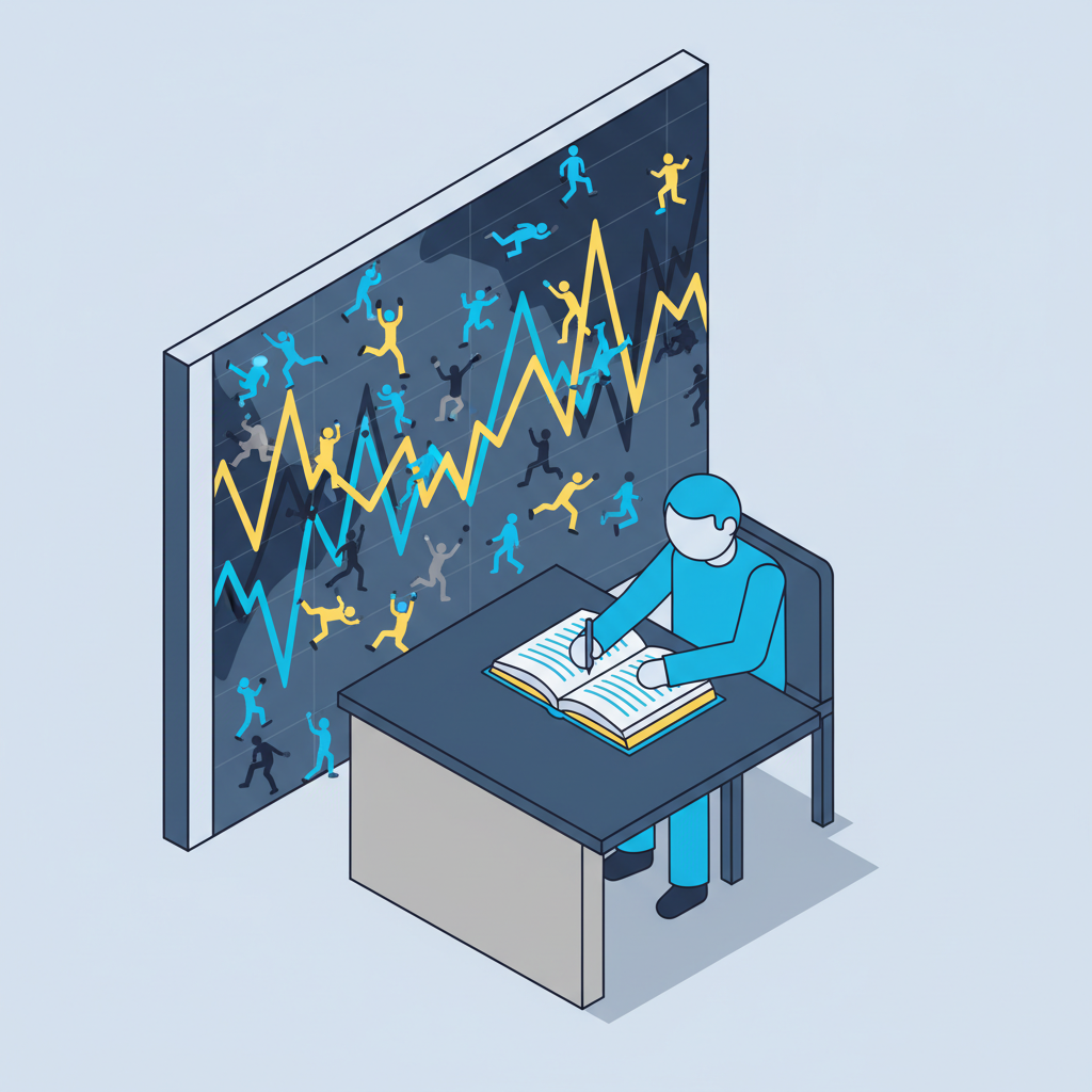 An illustration of a person calmly reviewing documents while a chaotic market chart is visible in the background.