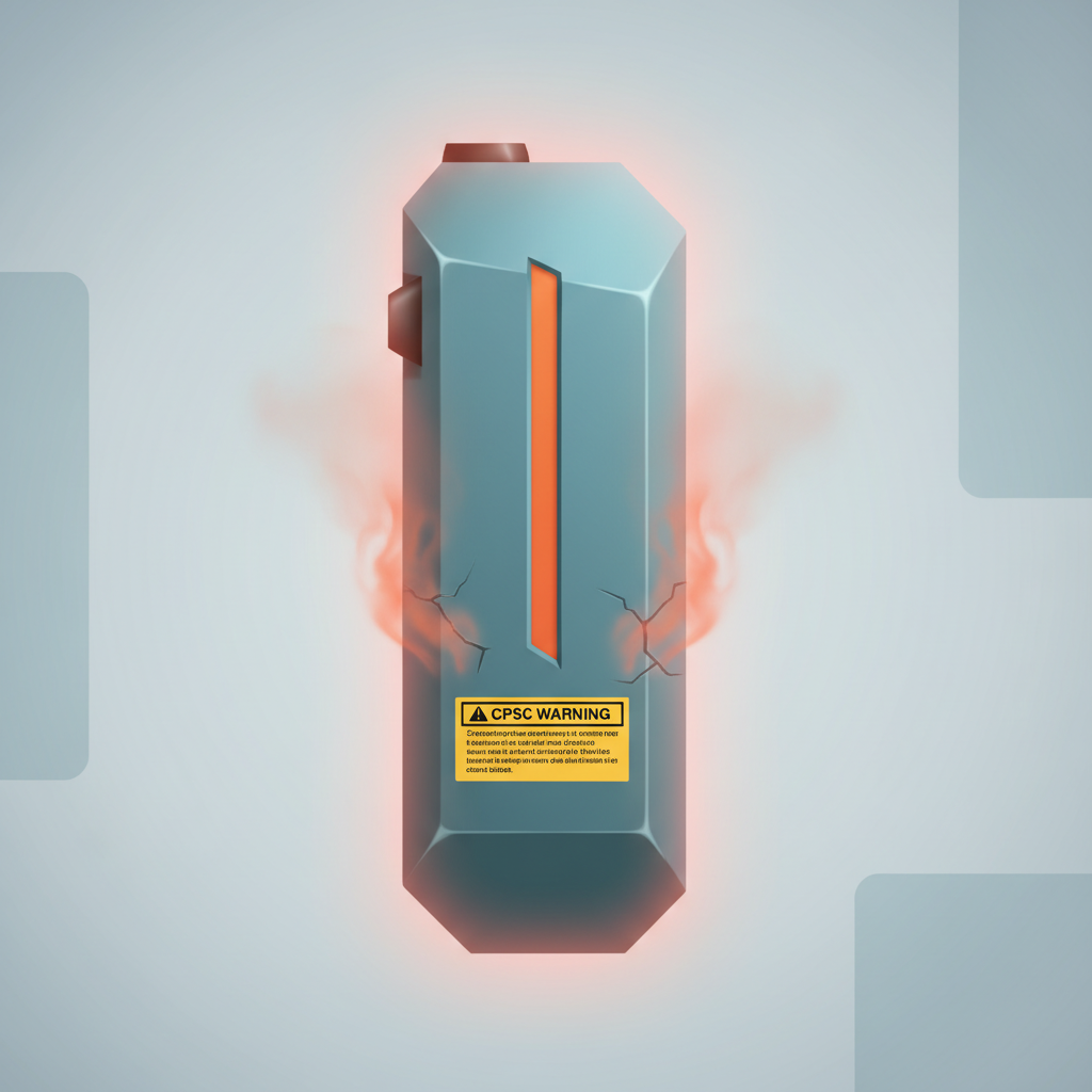 An illustration of a CPSC warning label placed over an e-bike battery, with a hint of smoke.