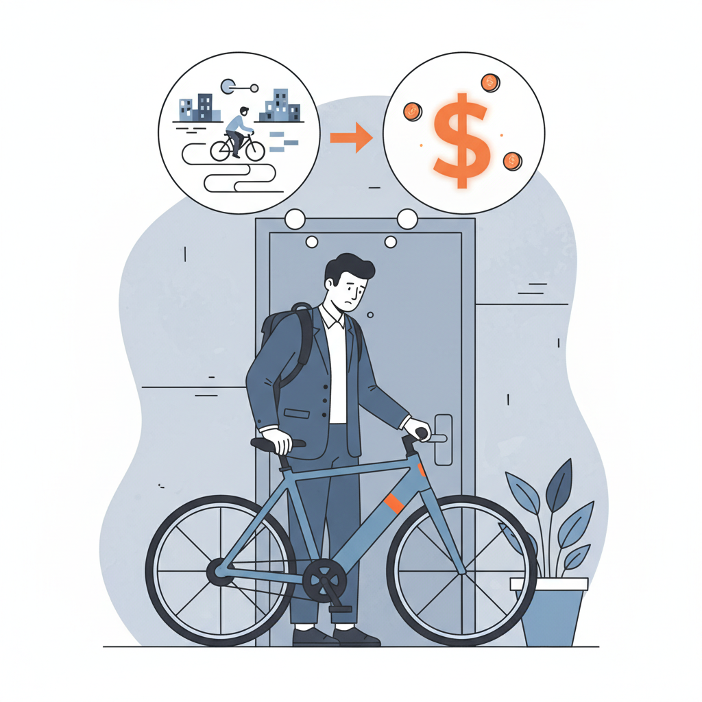 An illustration of a person looking at their e-bike, with thought bubbles indicating work and financial concerns.