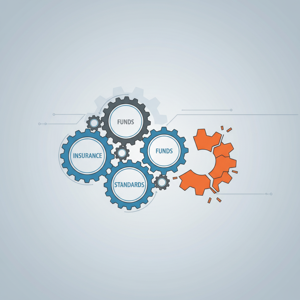 An illustration of gears labeled 'Insurance,' 'Funds,' and 'Standards' meshing together, with a broken gear nearby, symbolizing a functional system versus a flawed one.