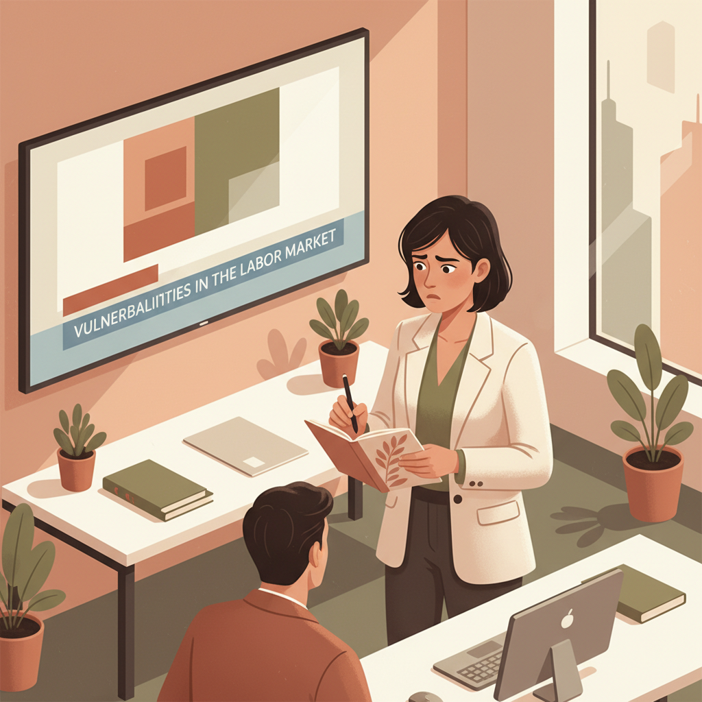 An illustration of a hiring manager hesitating to extend a job offer due to economic concerns.