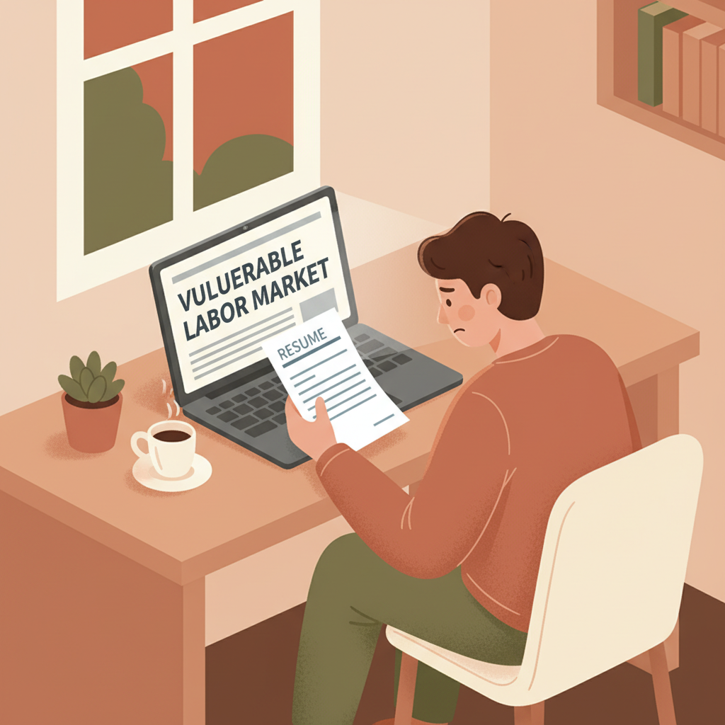 An illustration of a person contemplating career moves while reading a headline about a vulnerable labor market.