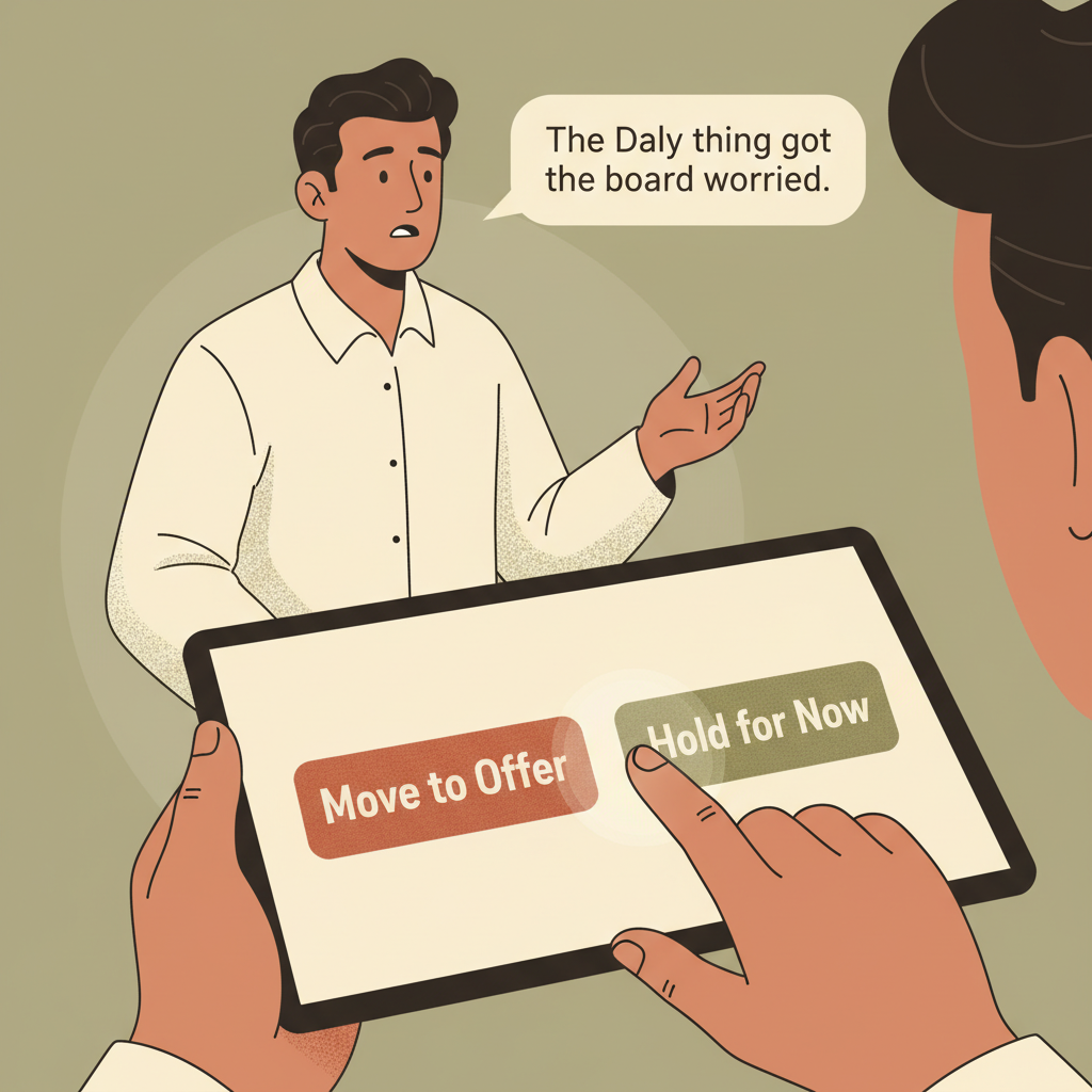 An illustration of a hiring manager hesitating to extend a job offer due to economic concerns.