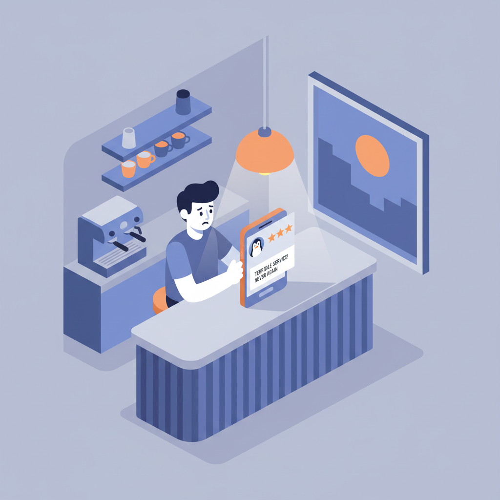 An illustration of a small business owner standing exposed, with an unseen, complex algorithmic network operating above them, symbolizing influence over their reputation.