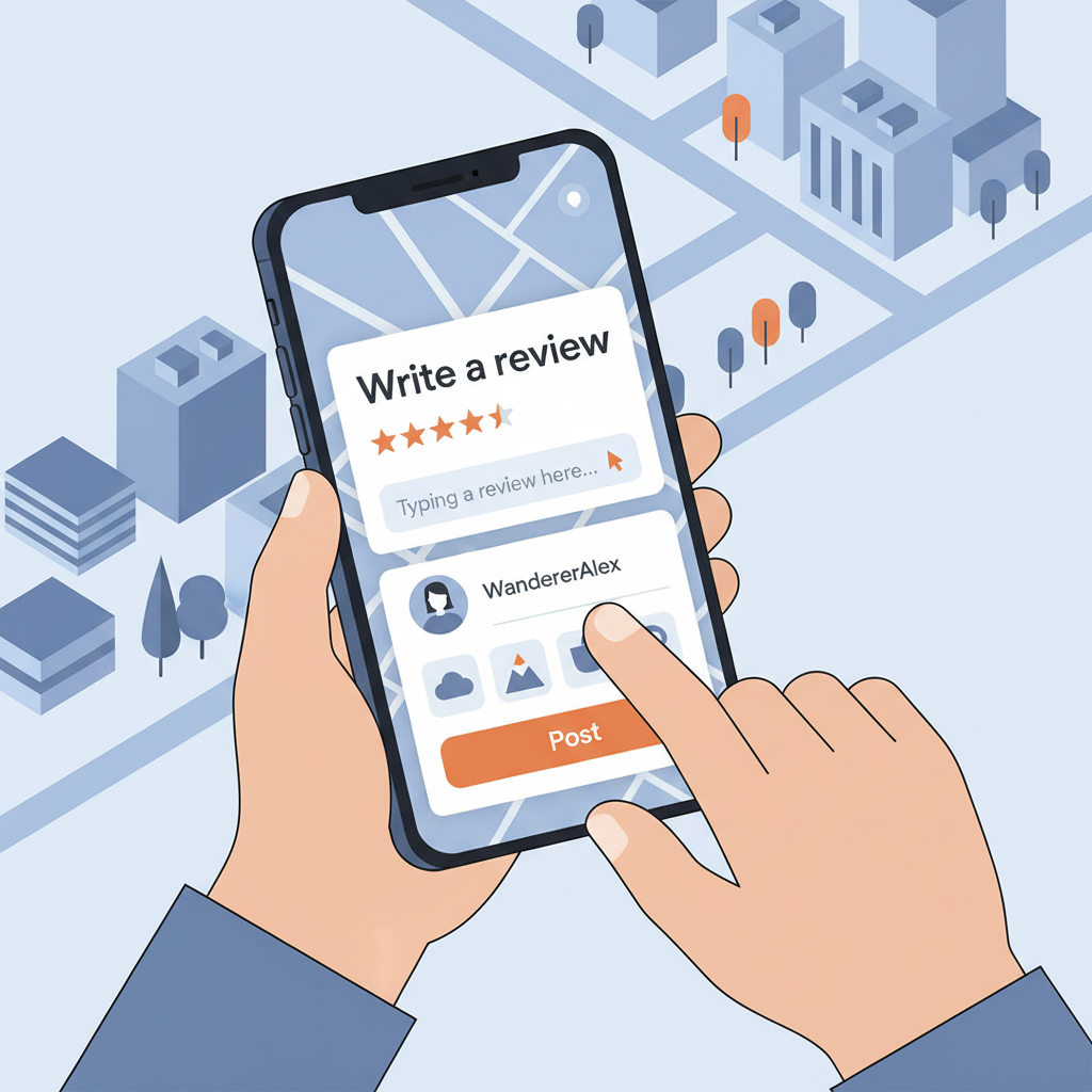 An illustration of hands holding a smartphone, with the screen showing a user typing an anonymous review with a custom avatar.