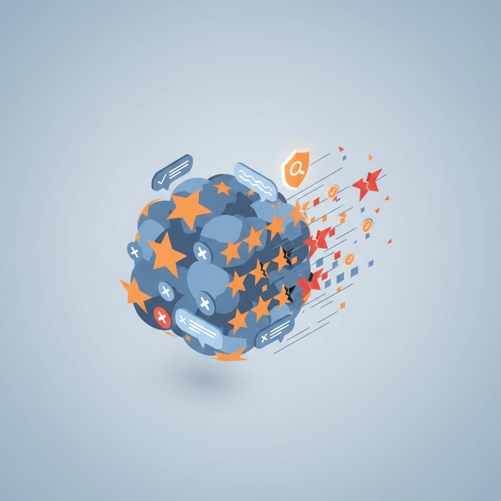 An illustration of a chaotic mix of online reviews, with some negative reviews being removed or filtered out.