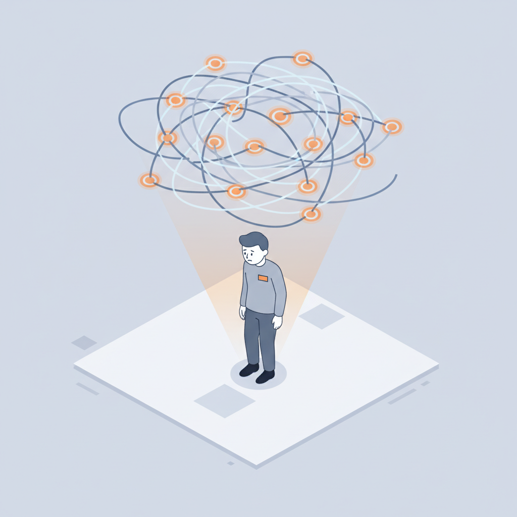 An illustration of a small business owner standing exposed, with an unseen, complex algorithmic network operating above them, symbolizing influence over their reputation.