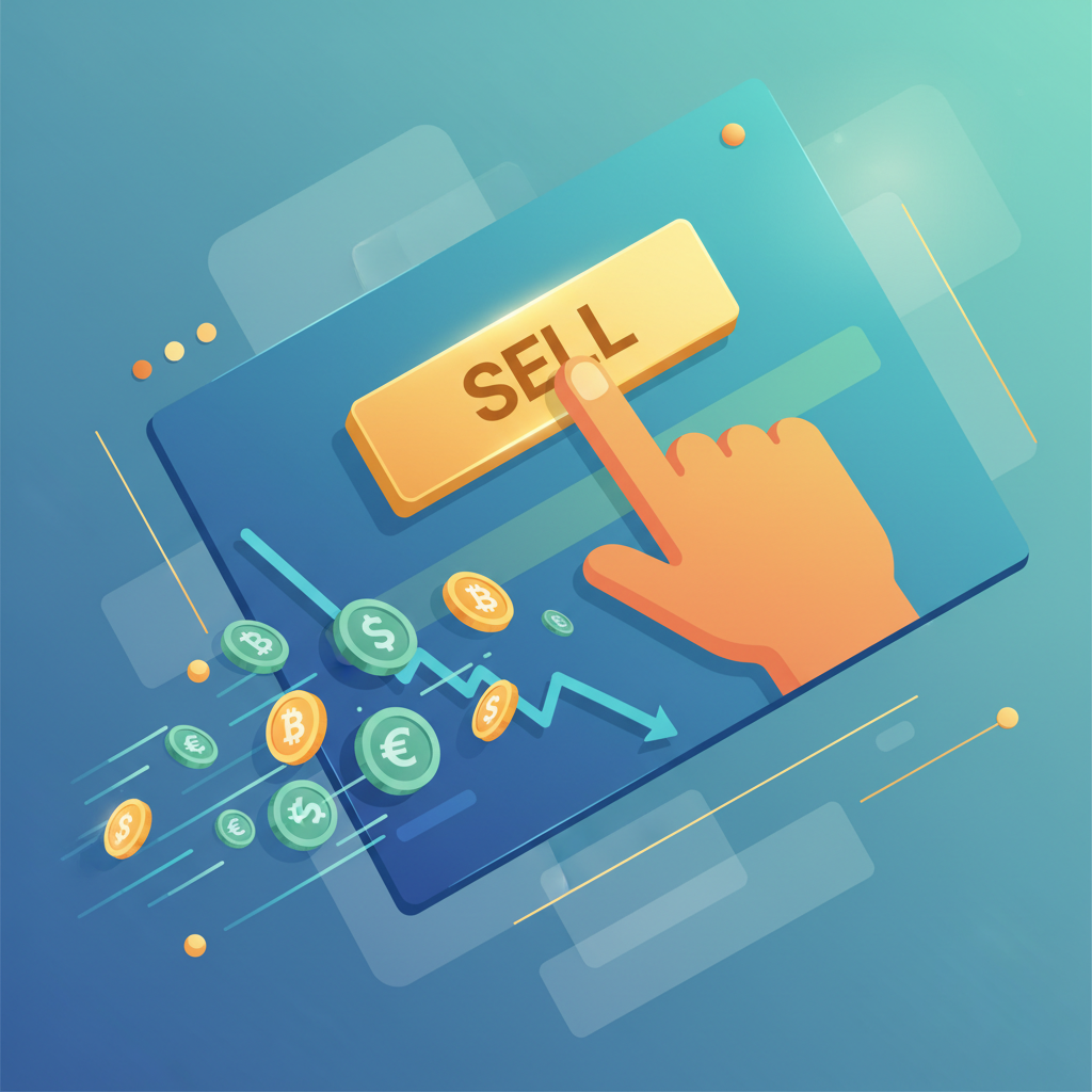 An illustration of a stressed person holding a casino chip with a Bitcoin symbol next to a rapidly declining financial chart.