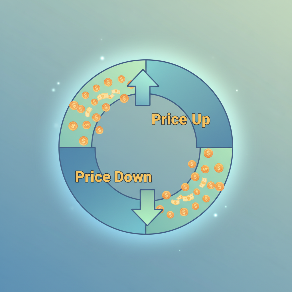 An illustration depicting a circular feedback loop where rising prices lead to money inflow, and falling prices lead to money outflow.