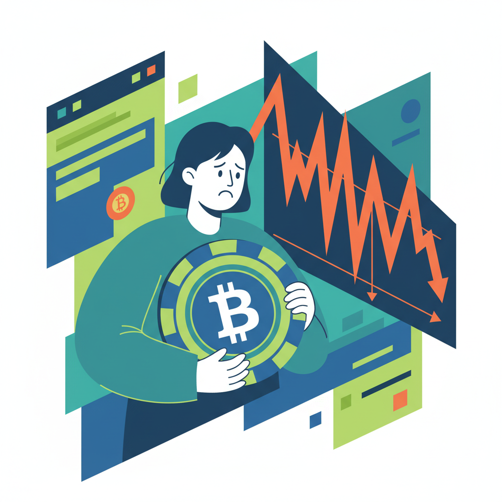 An illustration of a stressed person holding a casino chip with a Bitcoin symbol next to a rapidly declining financial chart.