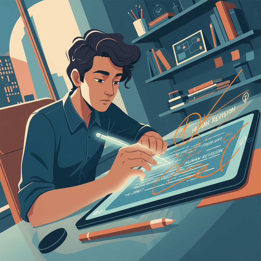 An illustration of a human writer editing AI-generated text on a tablet.