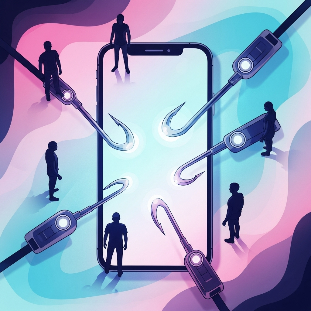An illustration of a smartphone screen with abstract hooks pulling in silhouetted users.