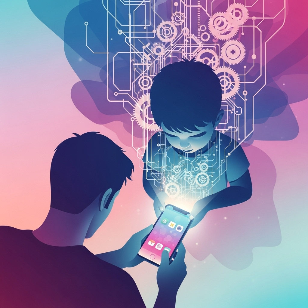 An illustration of a parent watching a child use a smartphone, with a hidden, complex algorithmic network behind the phone.