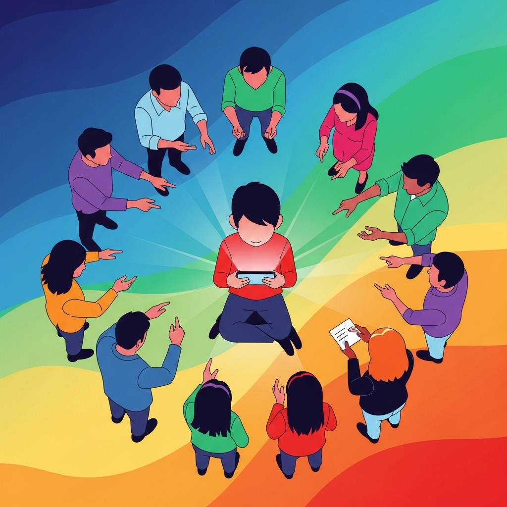 An illustration of a child using a smartphone, surrounded by supportive adults and peers who are interacting with them.