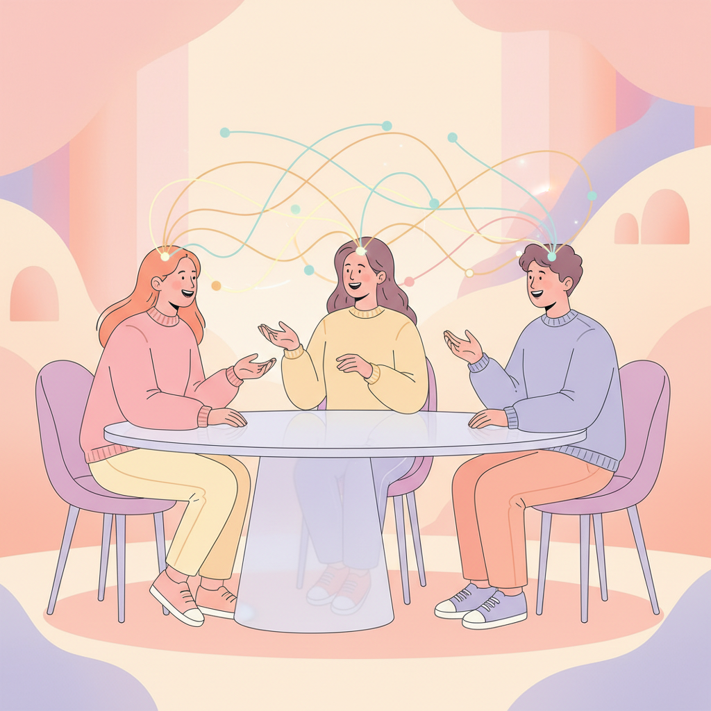 A digital illustration of three young adults talking animatedly, with subtle glowing lines connecting their heads to represent interconnected thought processes during adolescence.