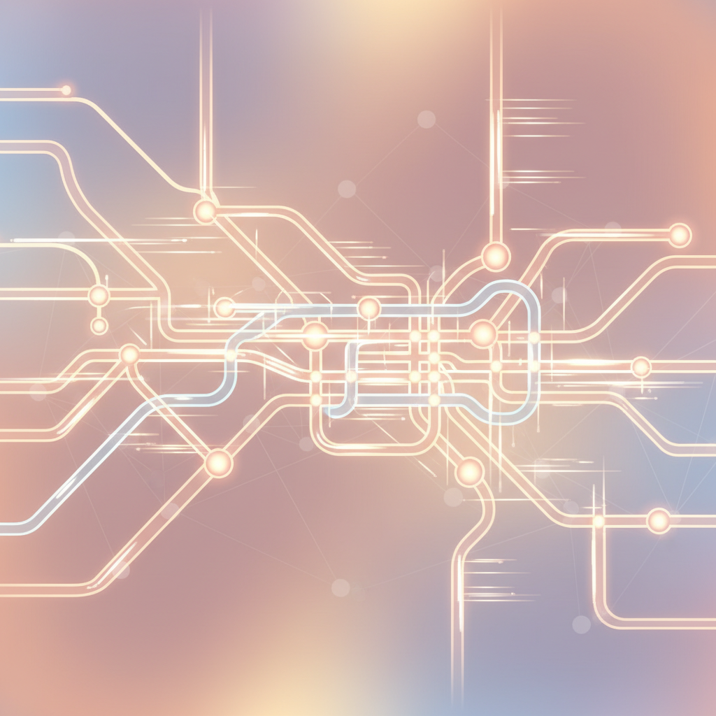 An abstract digital illustration of a highly organized neural network, resembling a brightly lit transit map, symbolizing efficient information flow in the adult brain.
