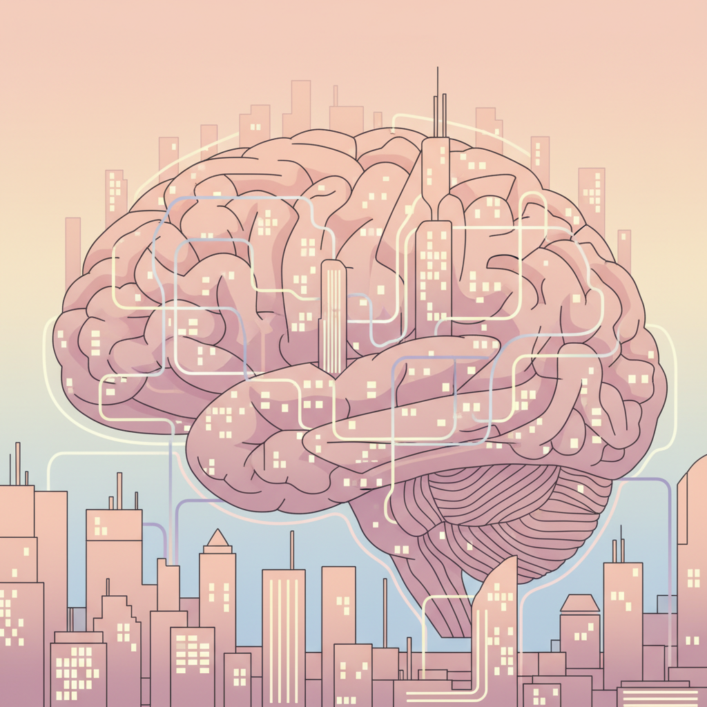 A dynamic digital illustration portraying the brain as a city at night, with lights in different areas shifting, symbolizing continuous neural rearrangement and evolution.