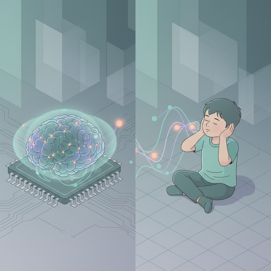 A split illustration showing a brain organoid on one side and a child listening on the other.