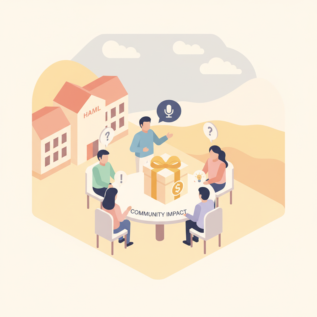 A flat vector illustration of a small group of people in a community meeting room, with one person speaking and others listening intently.