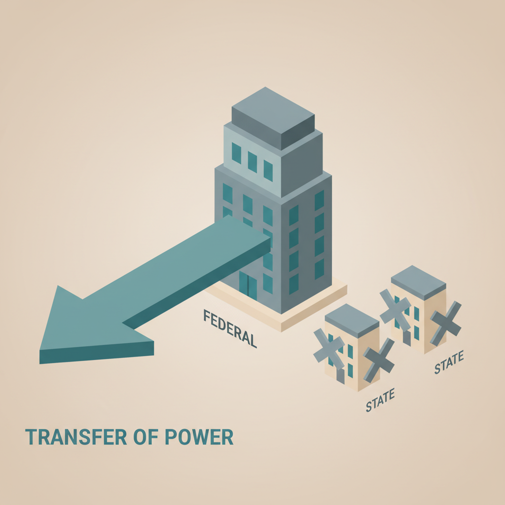 An illustration showing power being transferred from state buildings to a federal building.