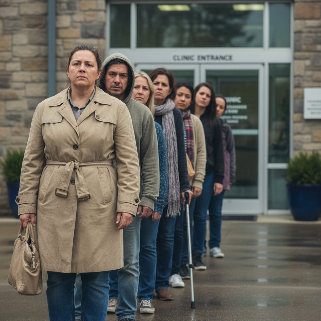 A line of diverse individuals representing patients are walking slowly, looking frustrated, as a blurred medical facility entrance is visible in the background.