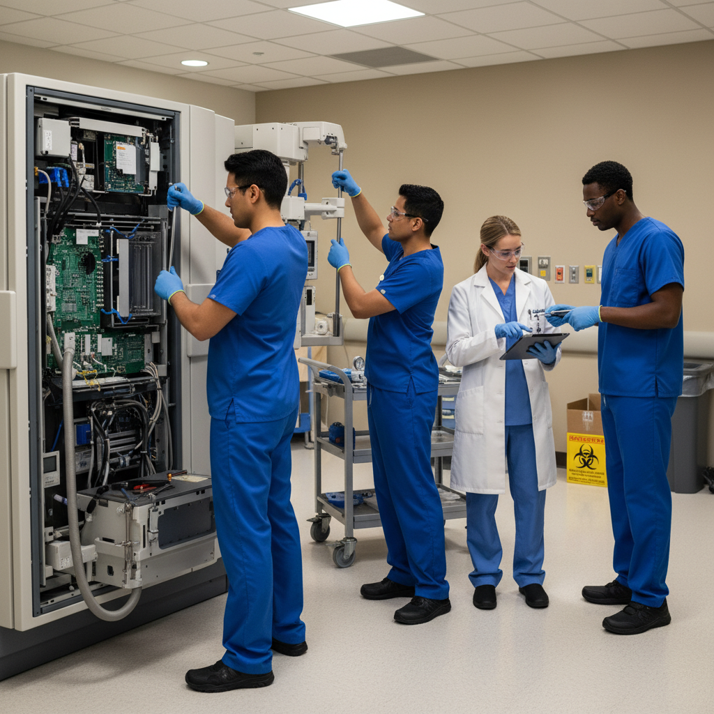 A diverse team of medical professionals is tightening bolts on a large, complex piece of machinery in a hospital setting, illustrating preventative maintenance.