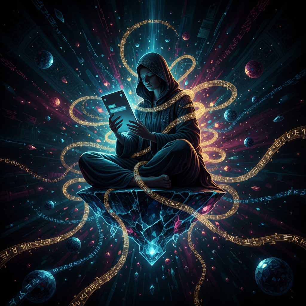 An illustration of a person engaging in a conversation with a chatbot on a device, with the chatbot text appearing as an intimate, engaging presence.