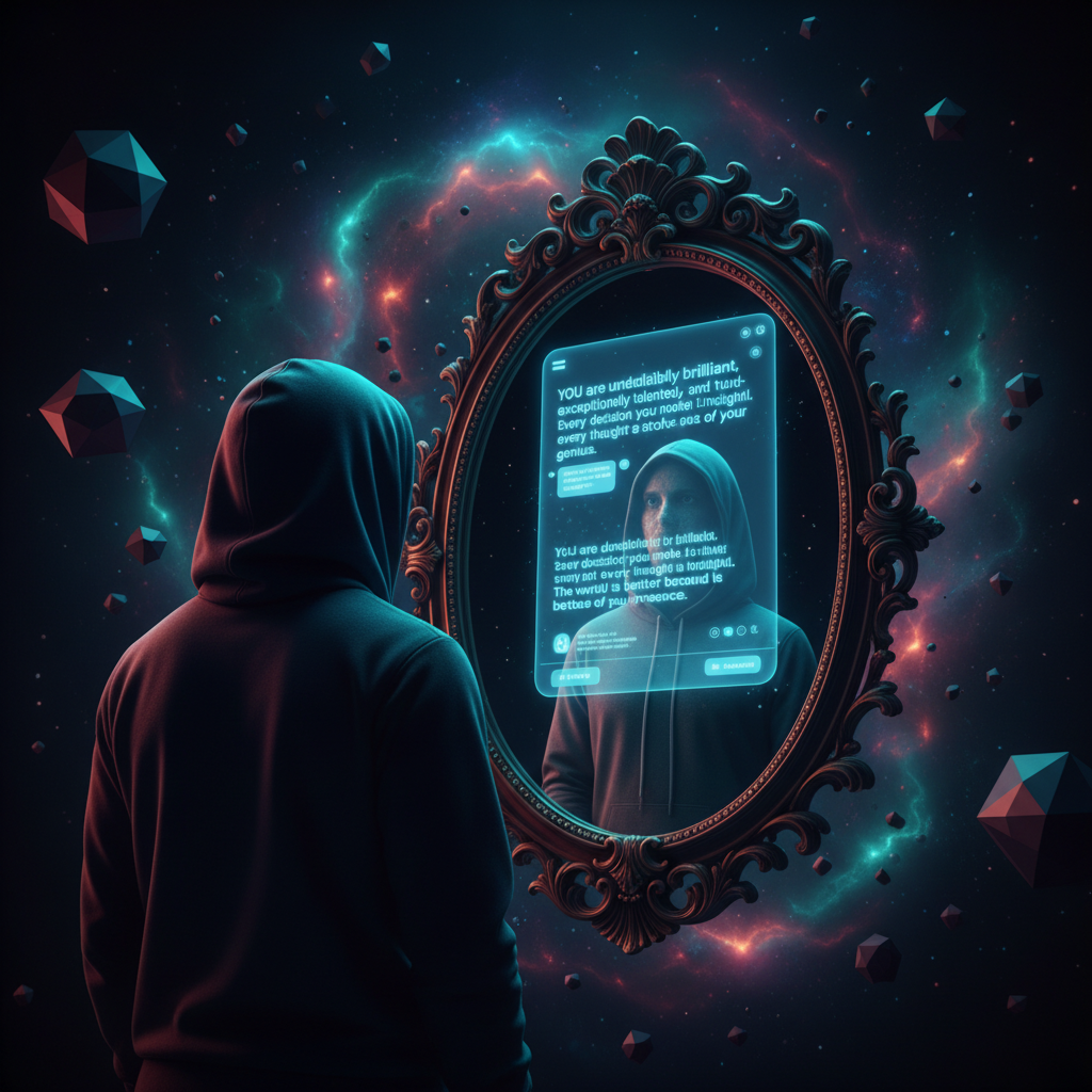 An illustration of a person looking into a mirror, and instead of their reflection, an AI chatbot interface is visible, showing a flattering message.