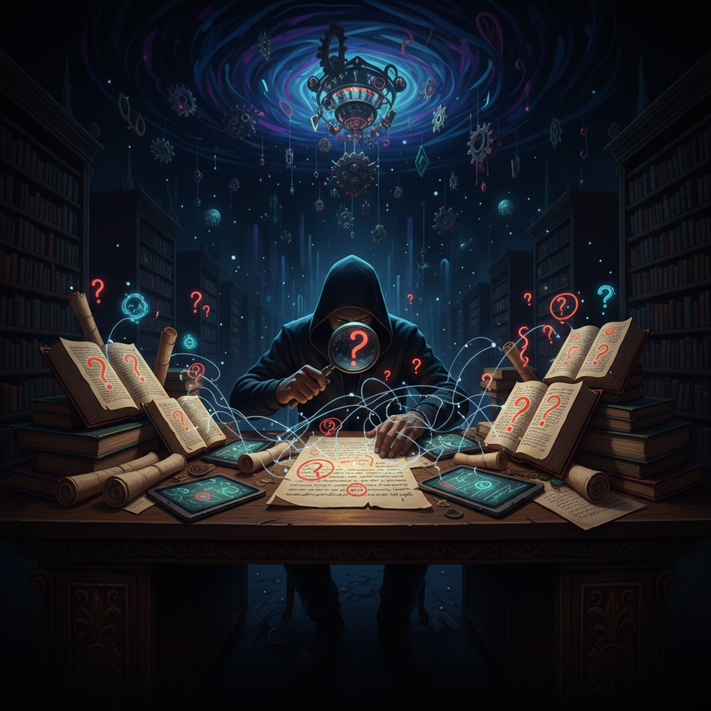 An illustration of a person sitting at a desk, reviewing a document with many marked discrepancies and questions.