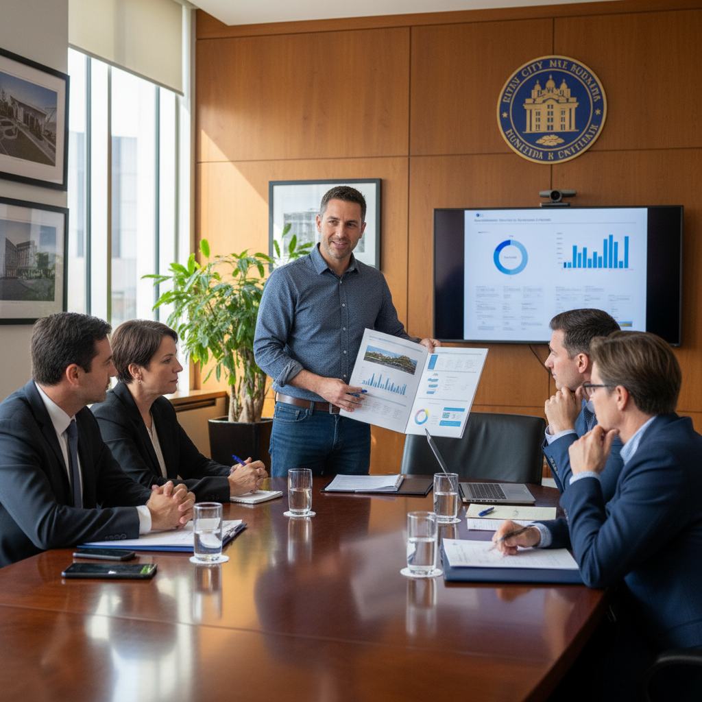 A person presenting a project proposal to a group of people.