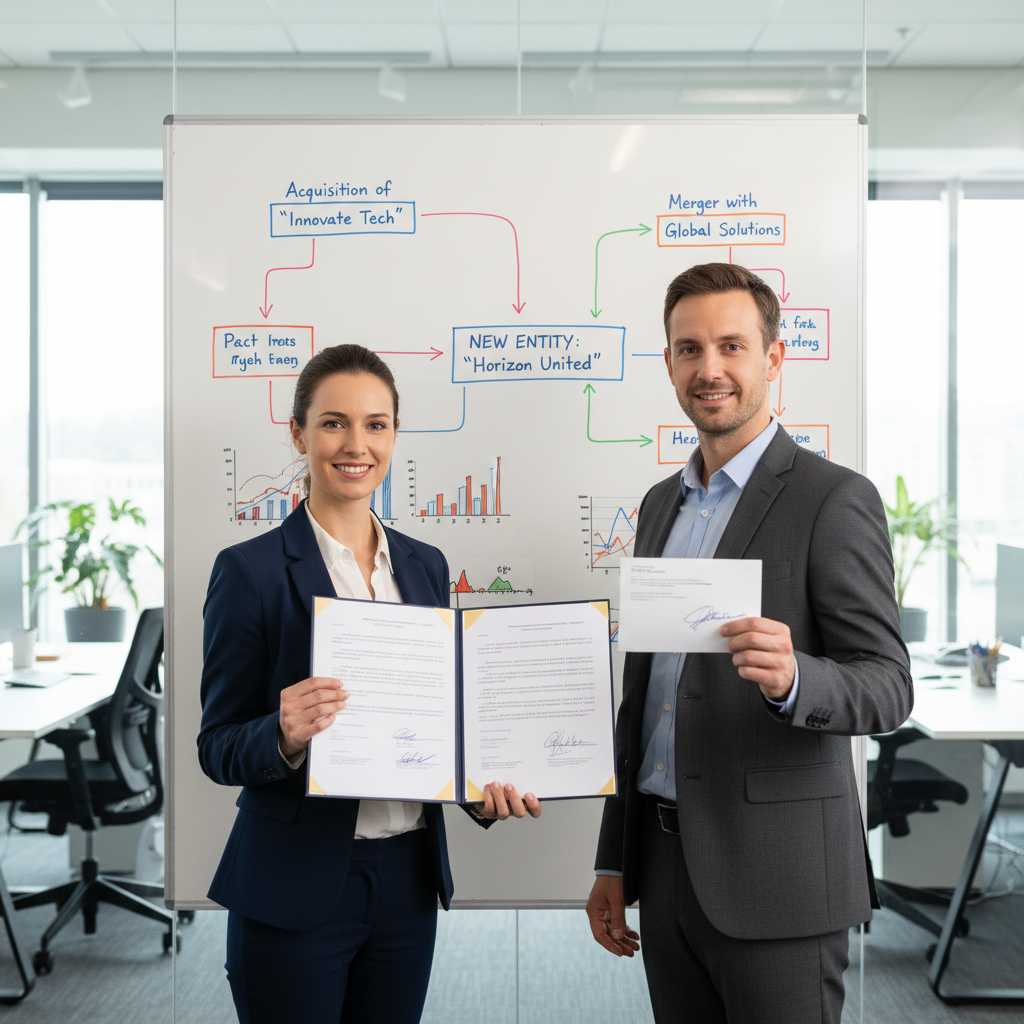 Two people standing, one with many signed papers, the other with one letter, in front of a merger diagram.
