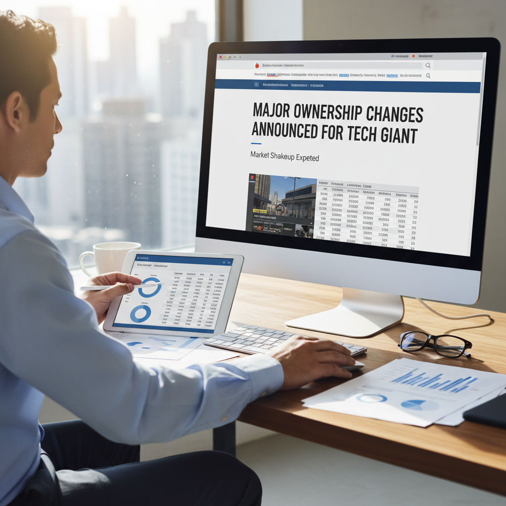 A person at a desk looking at a news website and a financial report.