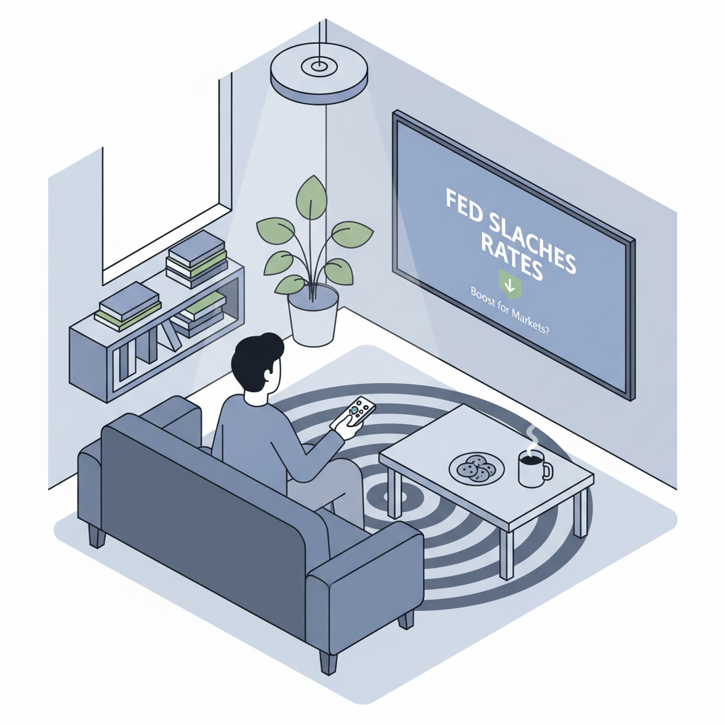 A flat vector illustration of a single person at a desk, calmly writing down personal financial rules in a notebook, while in the background, a chaotic news ticker scrolls across a screen.