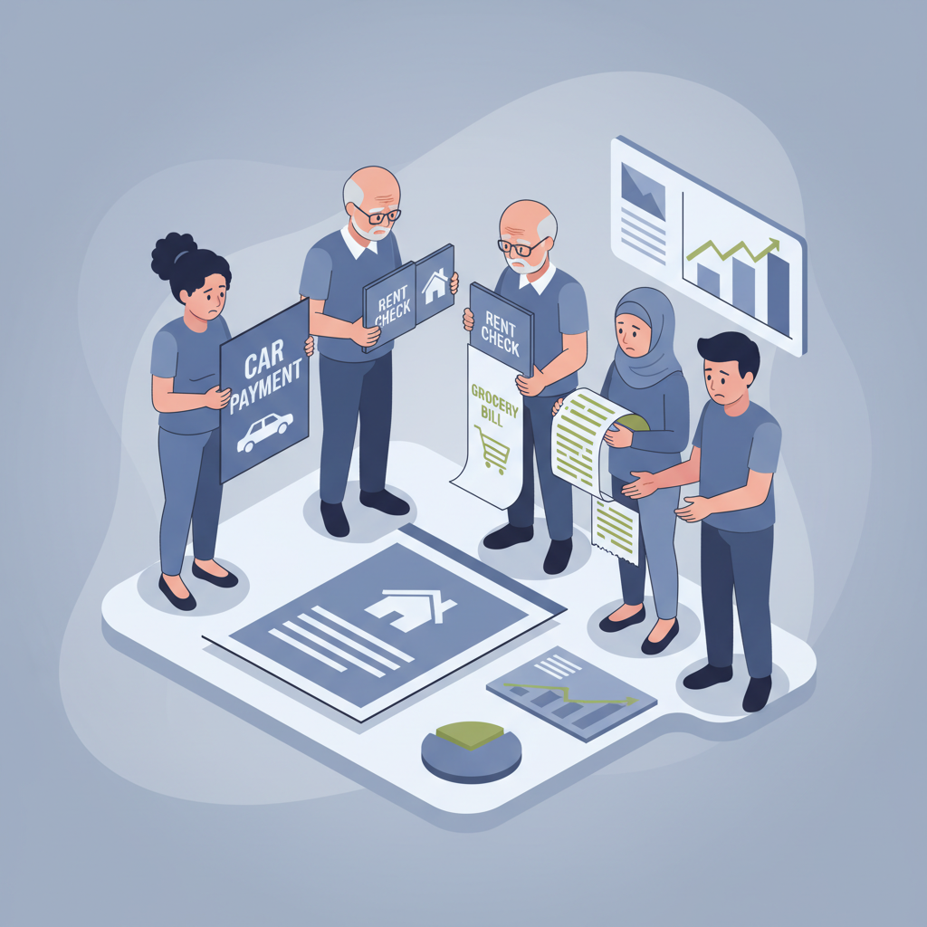 A flat vector illustration of a diverse group of people looking stressed while interacting with everyday financial documents like bills, car payments, and grocery lists.