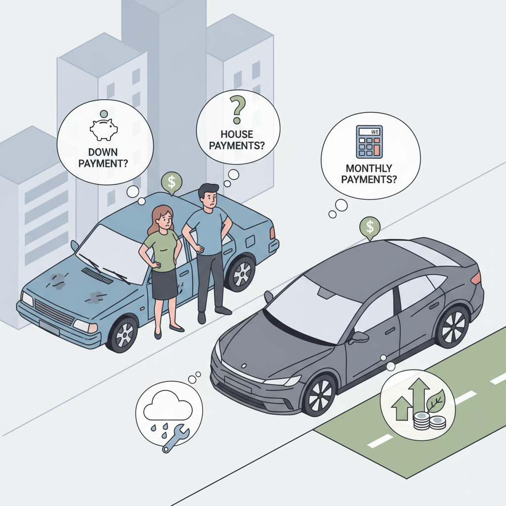 A flat vector illustration of a couple standing next to an older sedan, looking thoughtfully at a new car advertisement, with question marks above their heads symbolizing uncertainty.