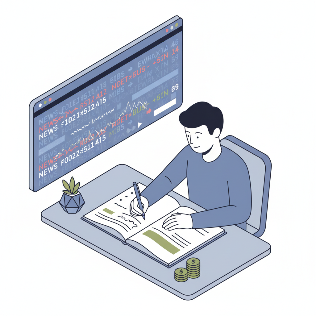 A flat vector illustration of a single person at a desk, calmly writing down personal financial rules in a notebook, while in the background, a chaotic news ticker scrolls across a screen.