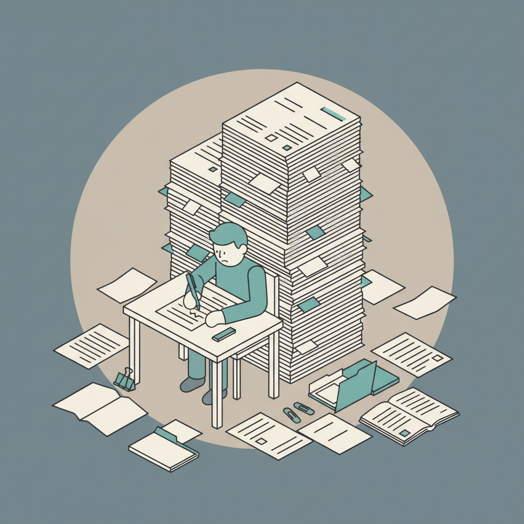 An illustration of a worker filling out many forms at a cluttered desk with a stack of papers and a calendar.