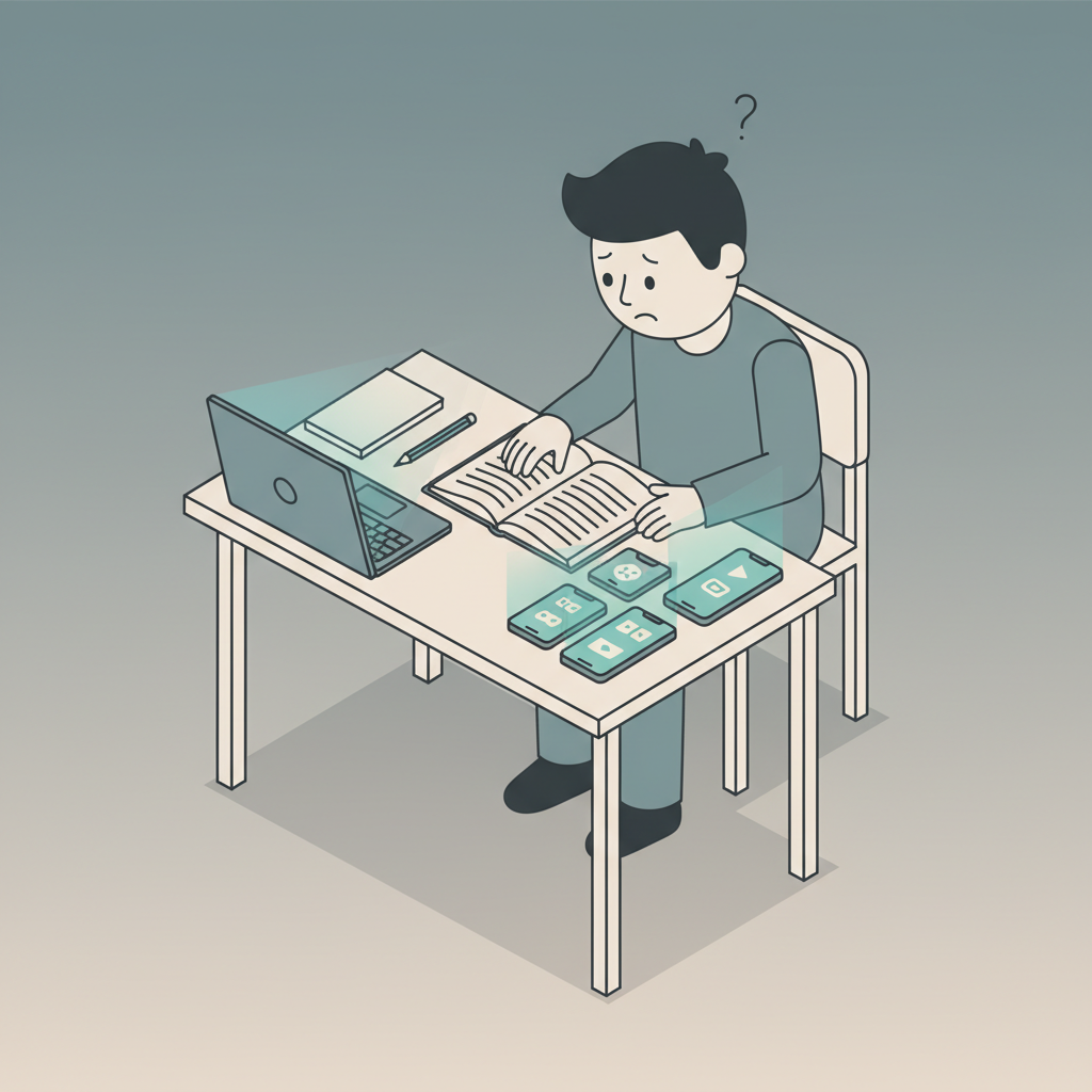 An illustration of a person sitting at a school desk with several mobile phones around them, looking distracted.