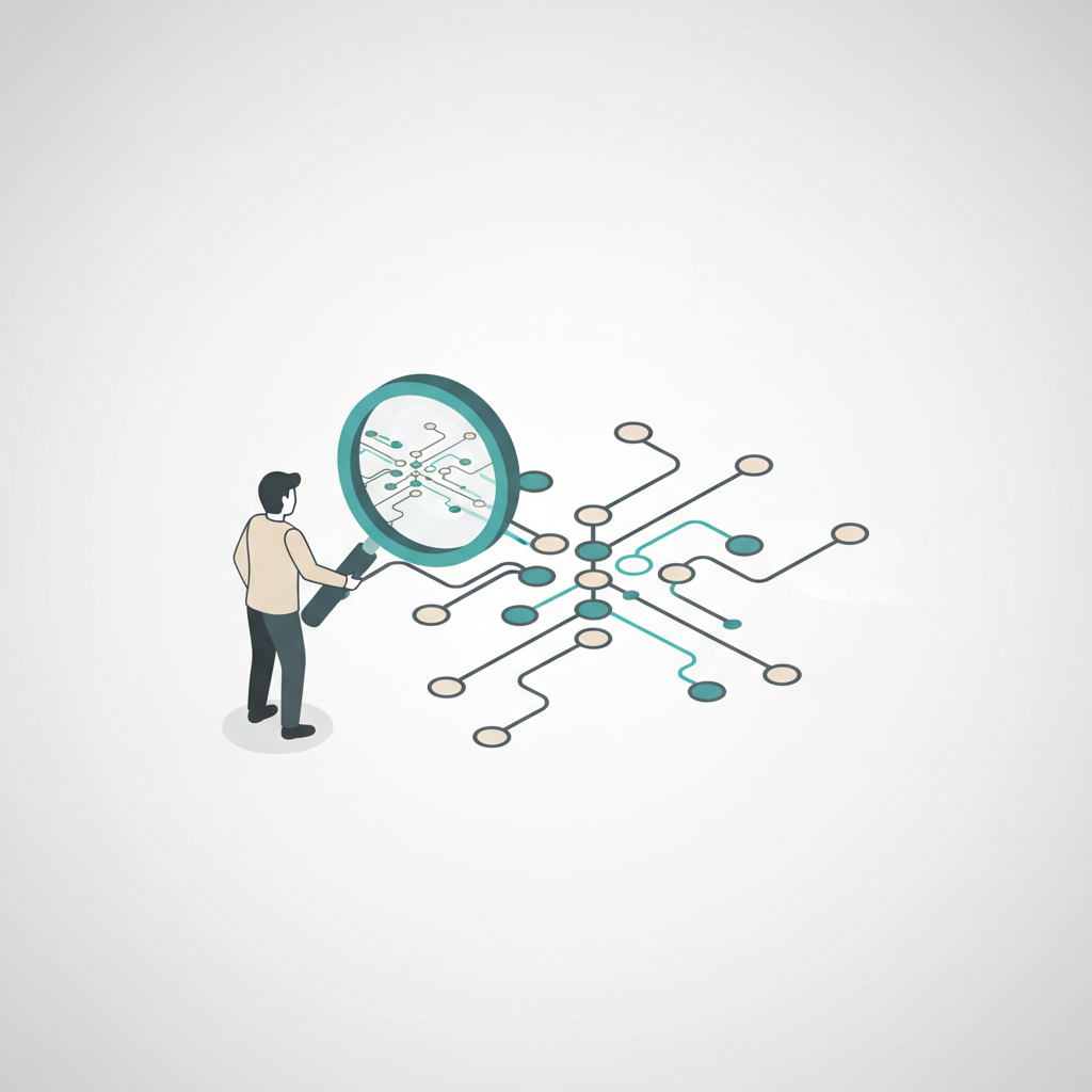 An illustration of a large, complex network of lines and nodes, representing an AI system, with a magnifying glass hovering over part of it to indicate inspection.