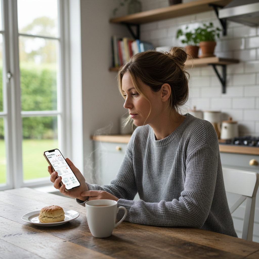 A person pours hot water into a teacup at a kitchen table, as if inviting someone to sit.