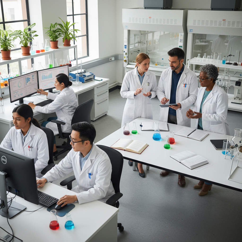 A group of scientists in a lab review data on computer screens and discuss their findings.