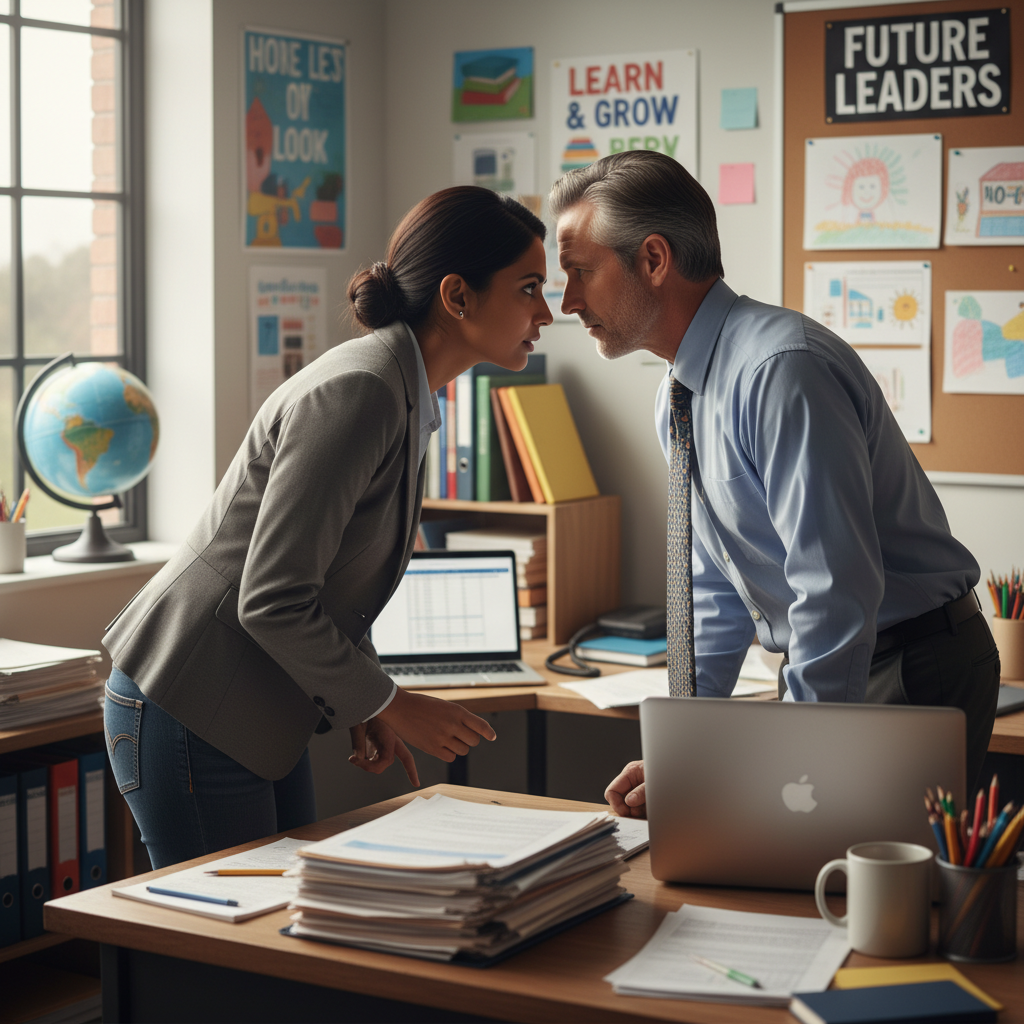 A parent and a school administrator lean in to talk privately in a school office.