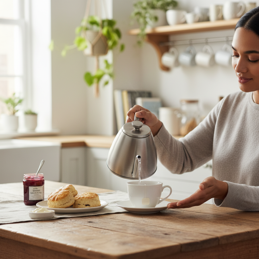 A person pours hot water into a teacup at a kitchen table, as if inviting someone to sit.