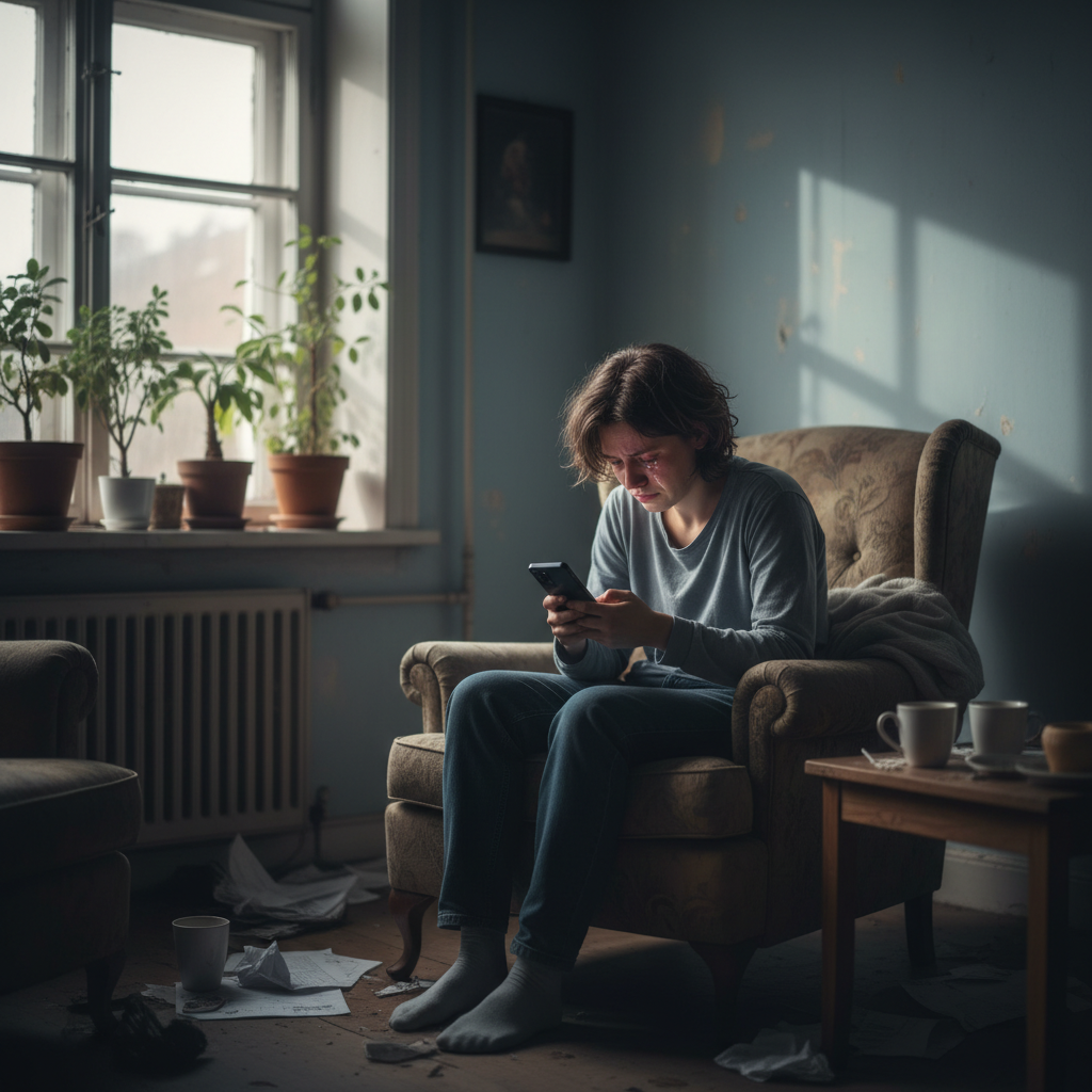 A person holding a smartphone, looking distressed and alone.