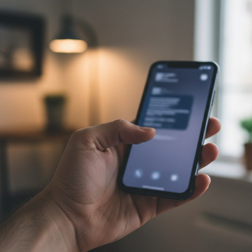 A hand reaching towards a blurry smartphone screen.